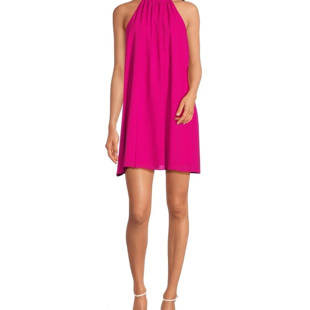 Badgley Mischka Turtleneck Sleeveless Back Tie Waistless Trapeze Mini Dress Sz 4